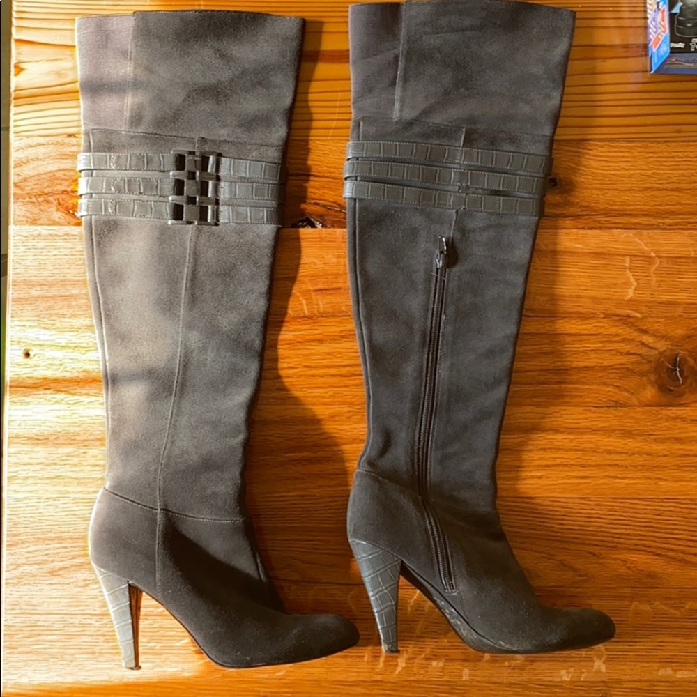 Charcoal gray suede boots by Calvin Klein